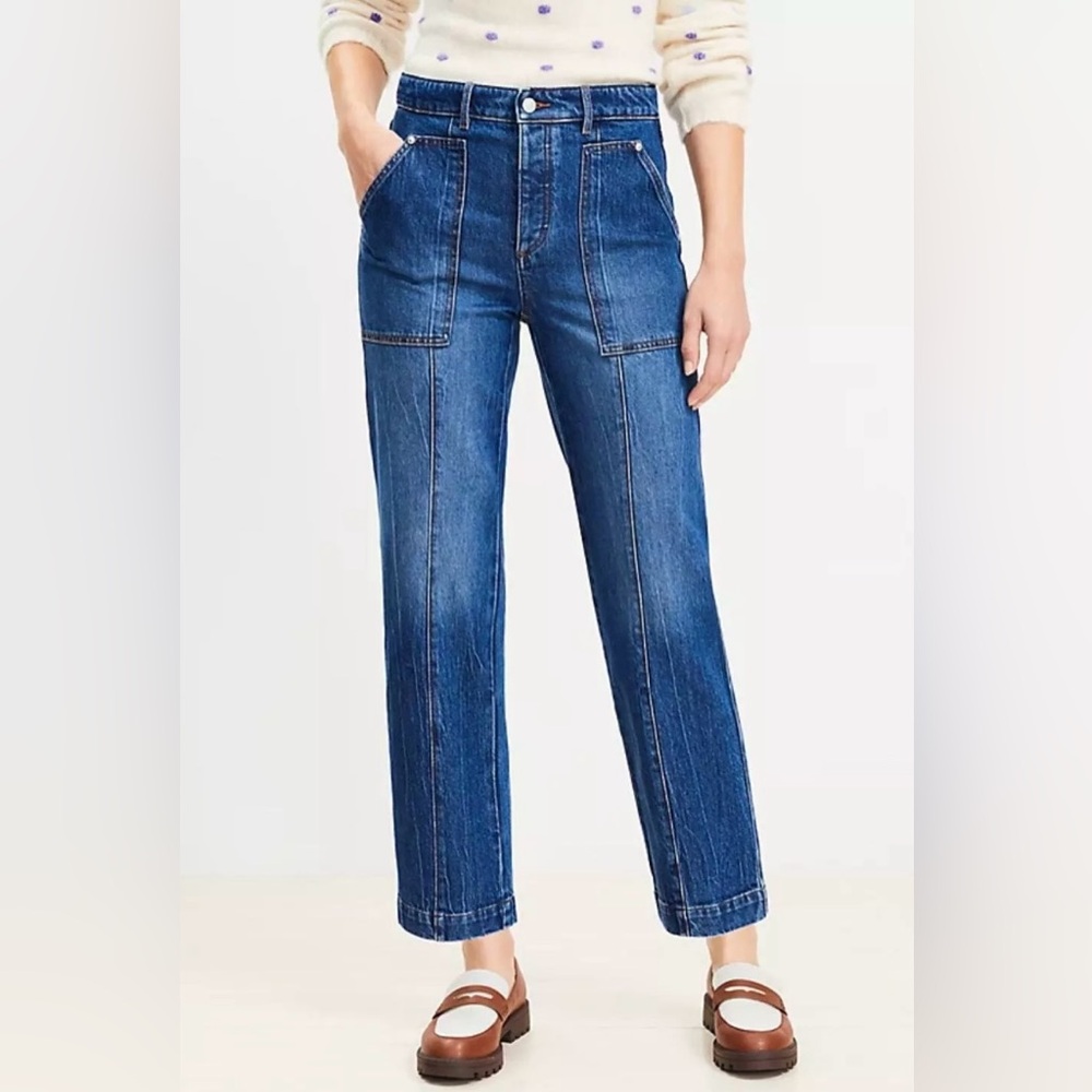 LOFT High Rise Utility Straight Button Front Dark Stone Wash Jeans